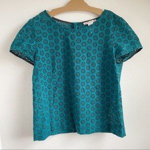 Bonpoint Saturated Teal Peep Hole Floral Design Cotton Girls Size XS